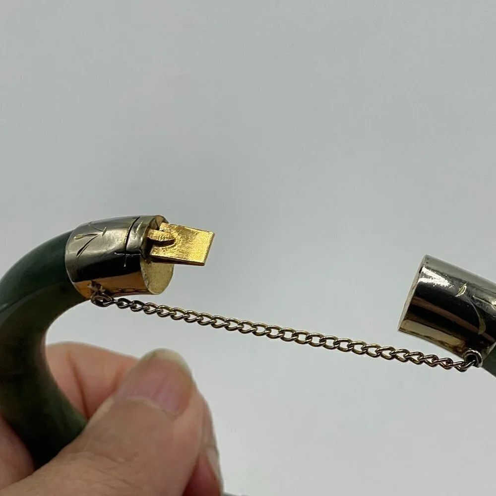 Vintage Spinach Green Nephrite Jade Bangle Bracelet Hinged 10K Gold Plate Caps